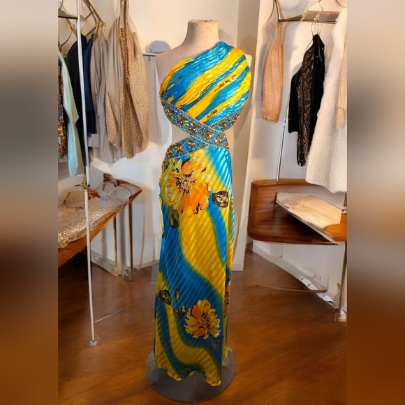 Elegant One Shoulder Blue and Yellow Dress - Picture 2 of 10